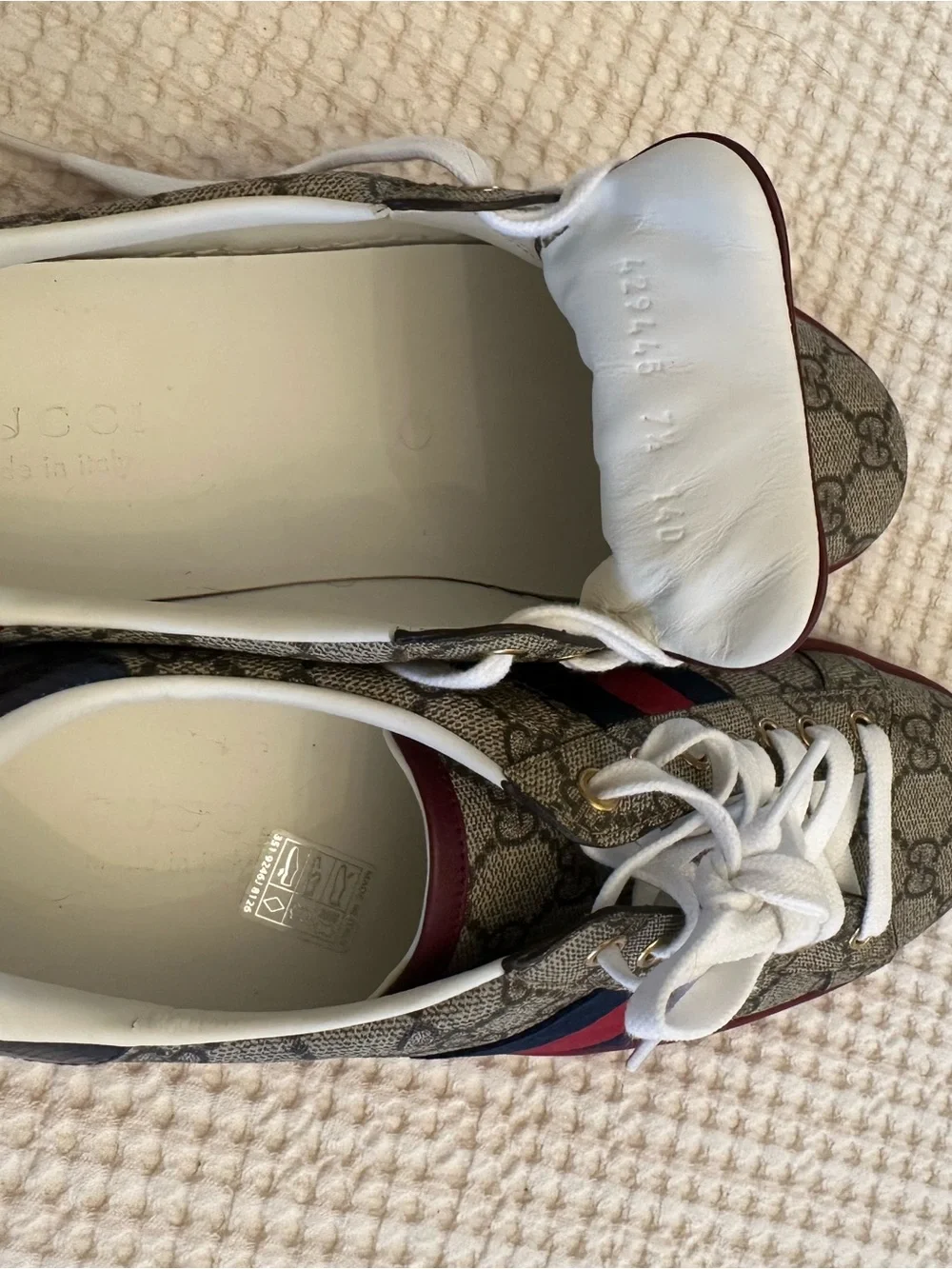 Gucci GG Supreme Low-Top Sneakers with Red/Blue Web and Red Sole